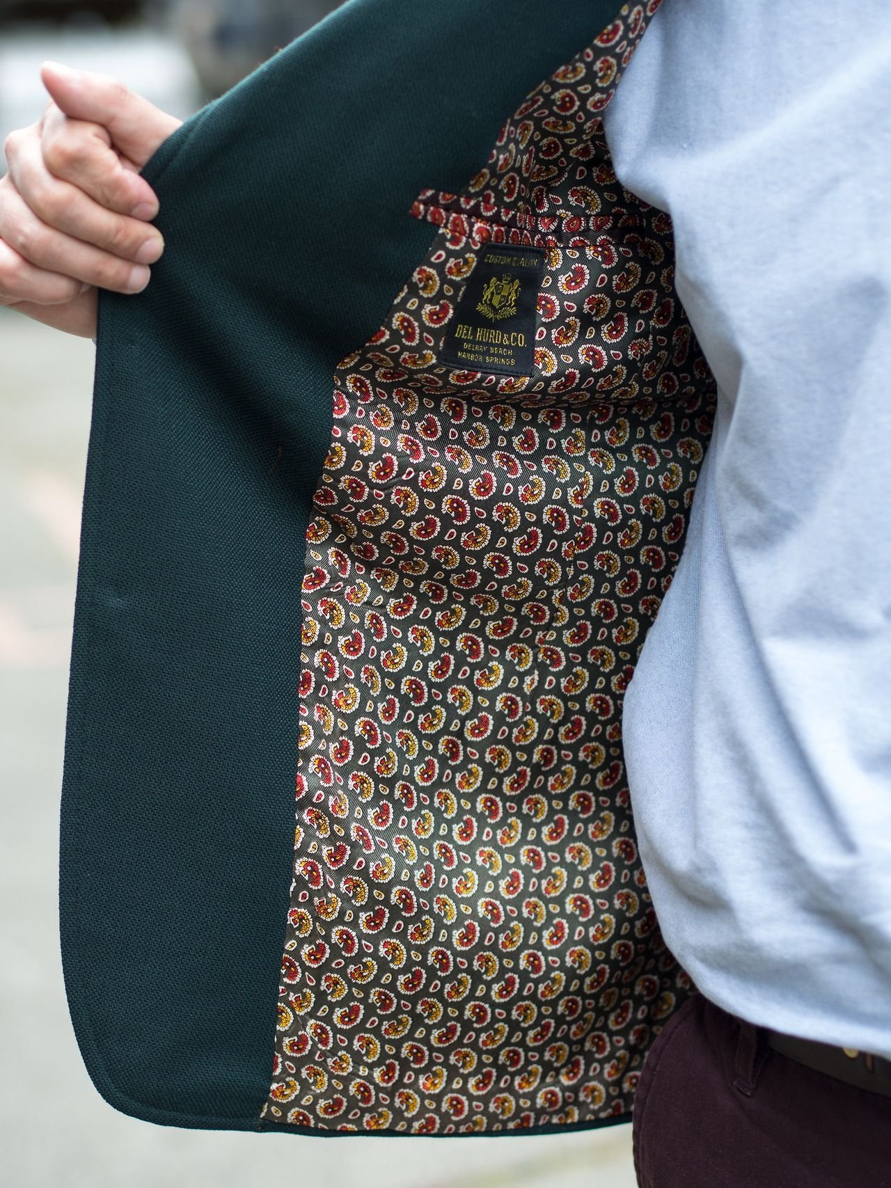 A patterned jacket lining selected from the house cloth collection